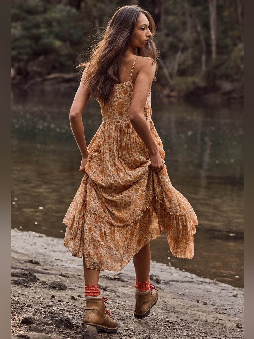 NWOT Spell & the gypsy Sunwashed Strappy Midi Dress brown/pink floral, XL. - Picture 10 of 12